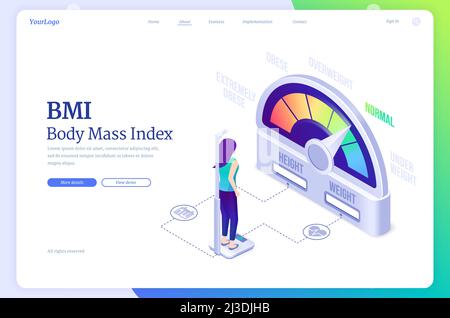 Bmi, body mass index isometric landing page. Women weigh near obese chart scale with extremely, overweight and normal indicators, female characters on Stock Vector