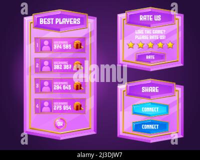 Diamond game menu, gamer ui panel with buttons, pink cartoon crystal interface with gui elements. Best players, rate us, share and connect boards with Stock Vector