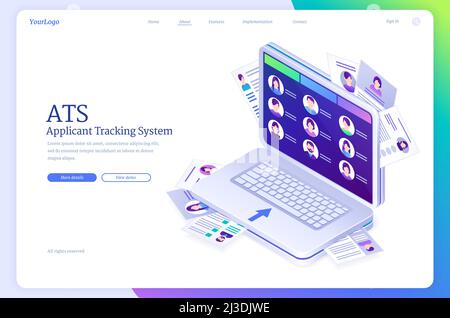 ATS, applicant tracking system isometric landing page. Business concept with candidates profiles on laptop screen. Files and cv information organizati Stock Vector