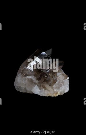 Smoky quartz, a brownish grey gemstone on black background. Stock Photo