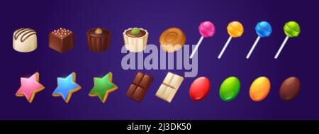 Set of sweets and bakery desserts, lollipops, toffee, bitter and white chocolate bars. Choco candies with praline, nuts or cocoa topping, caramel, gin Stock Vector
