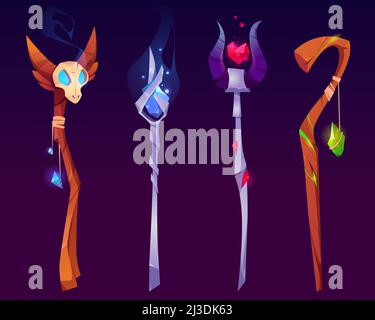 Set of wizard staffs or magic wands, witch sticks with glowing gems, horns and haze, crystals and skull. Fantasy wooden or metal rods, Rpg game assets Stock Vector