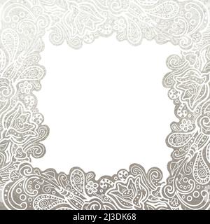 Vector illustration of floral abstract frame with copy space, square ornament vignette cut out in silver foil on black background Stock Vector