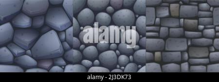Stone textures of floor and wall for game background. Vector cartoon seamless patterns of pavement or square with cobblestones, rock bricks and blocks Stock Vector