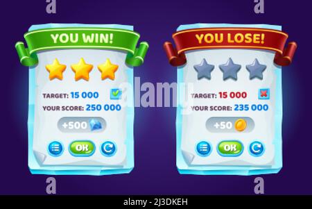 Game ui interface boards with level score, win and lose banners with golden stars and buttons. Vector cartoon set of gui elements with planks from ice Stock Vector