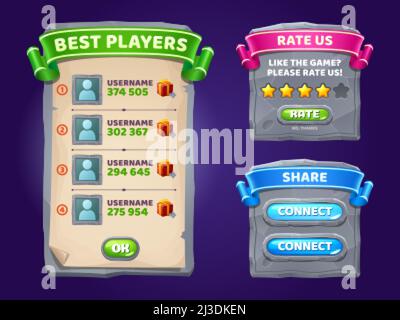 Game ui interface boards with best players list, rate and share banners. Vector cartoon set of gui elements, screen with winners usernames, feedback f Stock Vector