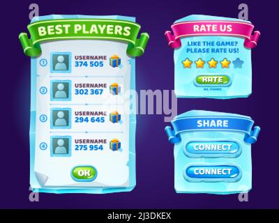 Ice crystals game menu, gamer ui panel with buttons, blue cartoon frozen interface with gui elements. Best player, rate us, share and connect boards, Stock Vector