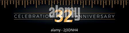 32th anniversary. Thirty-two years birthday celebration horizontal banner with bright golden color. Stock Vector