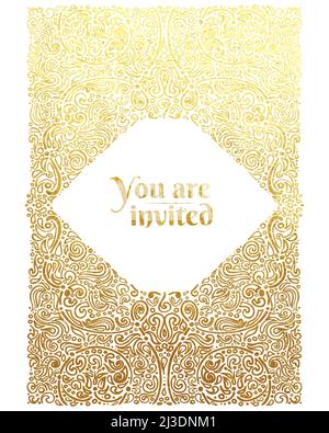 Ornate oriental invitation card, gold foil ornament on white, vector illustration. Stock Vector