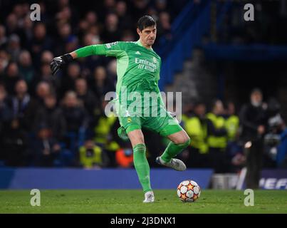 London, UK. 06th Apr, 2022. 06 April 2022 - Chelsea v Real Madrid - UEFA Champions League - Quarter Final - First Leg - Stamford Bridge Thibaut Courtois during the match against Real Madrid Picture Credit : Credit: Mark Pain/Alamy Live News Stock Photo