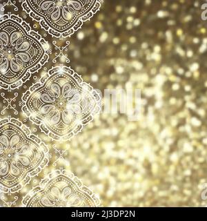 Vector golden glitter blurred background template for cards, hand drawn backdrop for invitations and posters, with ornate border white lace and copy s Stock Vector