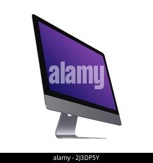Personal Computer 2020 Mockup. Right side Diagonal view on the Model. Portable Desktop with Violet Monitor on White Background. Vector illustration Stock Vector