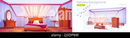 Parallax background attic bedroom or guest room 2d interior with bed, wardrobe, table, mirror and window separated layers for game animation. Cozy lof Stock Vector