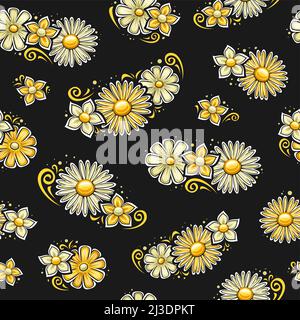 Vector Holiday Flowers Seamless Pattern, square repeating background with set of cut out illustration pale petunia flowers, spring march daisy, cartoo Stock Vector