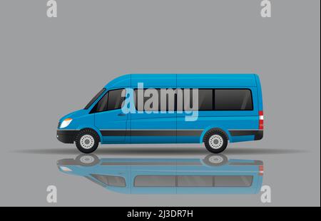Blue passenger minibus, reflected on the ground. Urban transport. Flat vector illustration. Stock Vector