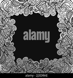 Vector illustration of floral abstract frame with copy space, square ornament vignette cut out in silver foil on black background Stock Vector