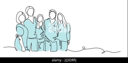 Medical staff, practitioners team vector illustration . One continuous line drawing of team of doctors. Minimalism design of medical people group Stock Vector