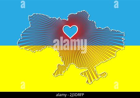 Ukraine art map with heart. Vector illustration of map and Ukrainian flag. No to war. Stand with Ukraine, help Ukrainians Stock Vector