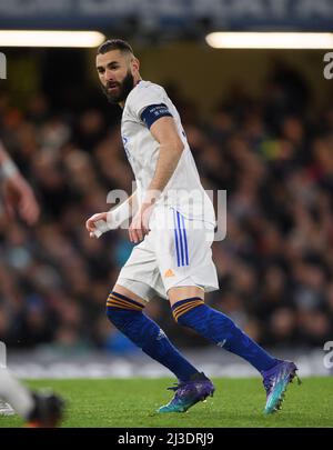 London, UK. 06th Apr, 2022. 06 April 2022 - Chelsea v Real Madrid - UEFA Champions League - Quarter Final - First Leg - Stamford Bridge Karim Benzema during the Champions League match against Chelsea Picture Credit : Credit: Mark Pain/Alamy Live News Stock Photo