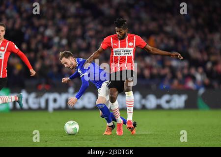 LEICESTER, UK. APR 7TH Ibrahim Sangare of PSV Eindhoven tackles James Maddison of Leicester City during the UEFA Europa Conference Quarter Final match between Leicester City and PSV Eindhoven at the King Power Stadium, Leicester on Thursday 7th April 2022. (Credit: Jon Hobley | MI News) Credit: MI News & Sport /Alamy Live News Stock Photo