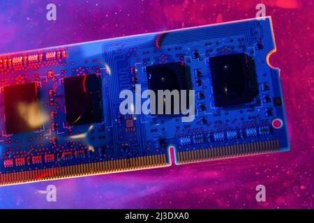 RAM memory from a laptop, ram. Blue and red light, under water ...