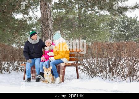 Little girl with her grandparents and Corgi dog in park on snowy winter day Stock Photo