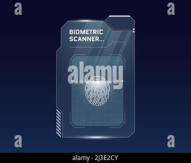 HUD digital futuristic user interface finger scan panel. Sci Fi high tech protection glowing screen. Gaming menu biometric id touching dashboard. Vector cyber space fingerprint scanning identification Stock Vector