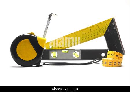Yellow Measuring tape for tool roulette or ruler. Tape measure template in centimeters. Tapes meter set isolated on black background. Stock Photo