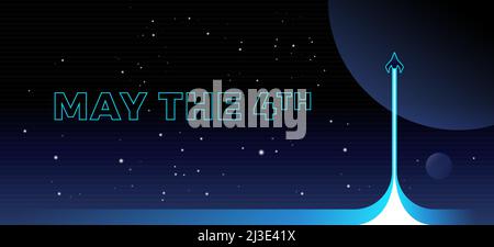 May the 4th abstract space background with a spaceship, planet and blue shining light on starry sky - vector illustration Stock Vector