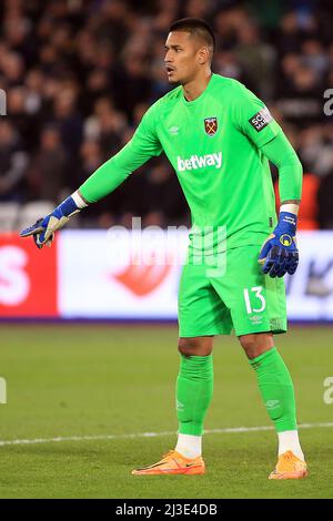 London, UK. 07th Apr, 2022. Alphonse Areola, the goalkeeper of West Ham United looks on. UEFA Europa league match, quarter-final 1st leg, West Ham Utd v Lyon at the London Stadium, Queen Elizabeth Olympic Park in London on Thursday 7th April 2022. this image may only be used for Editorial purposes. Editorial use only, license required for commercial use. No use in betting, games or a single club/league/player publications. pic by Steffan Bowen/Andrew Orchard sports photography/Alamy Live news Credit: Andrew Orchard sports photography/Alamy Live News Stock Photo