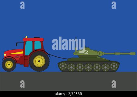 Ukrainian tractor tows away a Russian tank with a Z symbol vector illustration Stock Vector