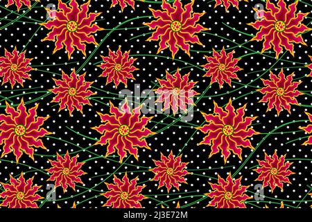 Seamless African Wax Print fabric, Ethnic handmade ornament design, flower pattern motifs floral elements. Vector texture, afro colorful textile Stock Vector