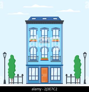 European house facade. Front view of old-fashioned brick building in French or British style. Nice neighbourhood exterior. Flat vector  Stock Vector