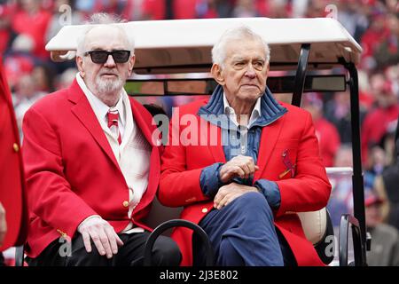 National Baseball Hall of Fame members former St. Louis Cardinals pitcher Bob  Gibson (L) and catcher Tim McCarver share a laugh before the 1968 team  reunion before the Philadelphia Phillies-St. Louis Cardinals