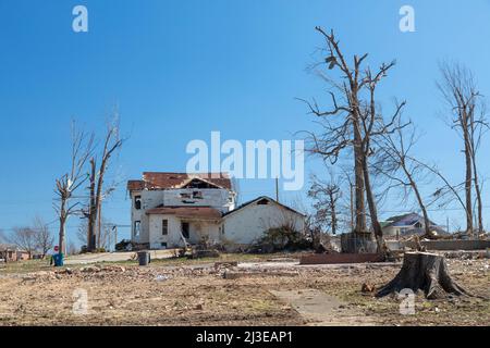 Mayfield, Kentucky - Damage from the December 2021 tornado that devasted towns in western Kentucky. Stock Photo