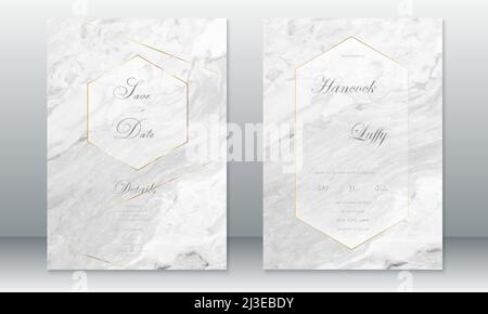 Wedding invitation card template luxury with gray marble watercolor texture and gold line Stock Vector