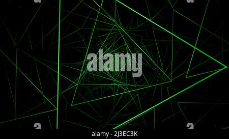 Colorful triangular energy tunnel on a black background, seamless loop. Design. Rotating narrow silhouettes of triangles. Stock Photo