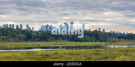 Burnaby, Vancouver, British Columbia, Canada. Beautiful View of a modern city in a stormy and rainy day. Cityscape Buildings. Travel photo, selective Stock Photo