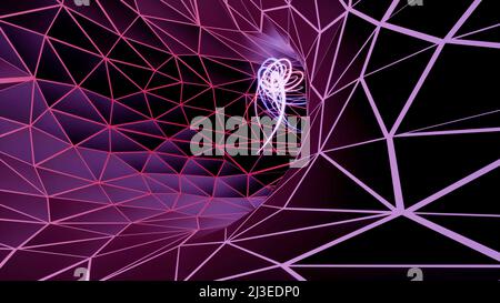 Neon multi coloured edged polygons moving and turning on a black background. Design. Flying backwards inside plexus tunnel. Stock Photo
