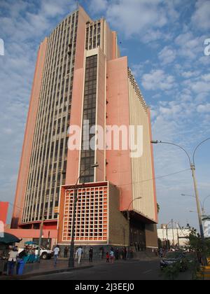 Side view of Javier Alzamora Valdez Building (former Ministry of Education) is a skyscraper located in the historic center of Lima city, capital of Peru. It stands at the intersection of Abancay and Colmena avenues, next to the University Park. It went from being the headquarters of the Ministry of Education to the main premises of the Superior Court of Justice of Lima, It has a height of 86.84 m and 23 floors.2 Its construction began in 1953 and ended in 1956. Stock Photo