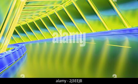 Moving through never ending neon tunnel, abstract 3d background. Design. Bending tunnel looking like road, seamless loop. Stock Photo