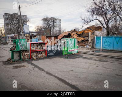 Borodyanka, Ukraine. 06th Apr, 2022. Blockpost for street fighting in Borodyanka. After the Russian troop's withdrawal, the amount of destruction is enormous and there are still bodies of people buried under debris. After the buildings collapsed due to the heavy shelling, Russian soldiers didn't allow locals to help those under the debris. (Photo by Jana Cavojska/SOPA Images/Sipa USA) Credit: Sipa USA/Alamy Live News Stock Photo