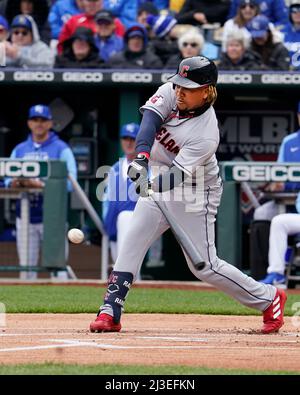 Cleveland Guardians' Jose Ramirez bats against the Seattle Mariners during  the first inning of a baseball game, Friday, April 7, 2023, in Cleveland.  (AP Photo/Ron Schwane Stock Photo - Alamy