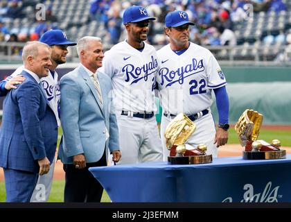 Apr 07, 2022: Kansas City Royals Andrew Benintendi (16) and Michael A.  Taylor (2) receive their gold glove awards from the 2021 season at pregame  at Kauffman Stadium Kansas City, Missouri. The