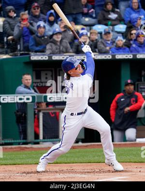 May 03, 2022: Kansas City Royals third baseman Bobby Witt Jr. (7) hits his  first career home run at Kauffman Stadium Kansas City, Missouri. The Kansas  City Royals defeated the St. Louis