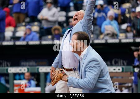 The Kansas City Royals' Franchise Four celebration including a ceremonial  first pitch by, from left, Janie Quisenberry Stone the widow of Dan  Quisenberry, Frank White, Bret Saberhagen and George Brett, before action  against against the Detroit Tigers a