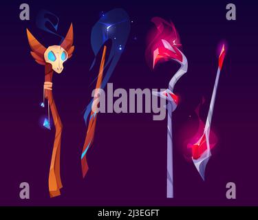 Set of magic wands, wizard staffs or witch sticks with glowing gems, glow crystals and skull. Fantasy wooden or metal rods, Rpg game assets, magician Stock Vector