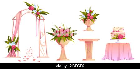 Wedding decoration with floral arch, cake on table and flowers on marble stand. Vector cartoon set of objects for marriage ceremony, wedding gate with Stock Vector