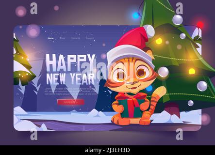 Happy New Year cartoon landing page. Cute tiger character in Santa Claus hat holding gift box near decorated tree. Wild funny kitten animal cub, kawai Stock Vector