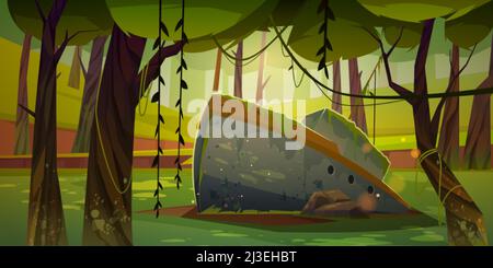 Old sunken ship covered with moss stuck in ground in deep forest. Cartoon background, nature landscape with ancient boat, deciduous trees and lianas, Stock Vector